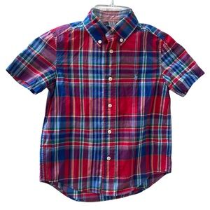 Ralph Lauren Polo Boys 5 Madras Plaid Short Sleeve Button Shirt Natural Stretch